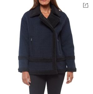 Sanctuary black and blue plaid pattern faux fur and wool coat